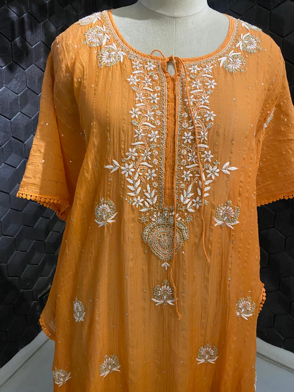 Orange Striped Mul chanderi Chikankari Kaftan