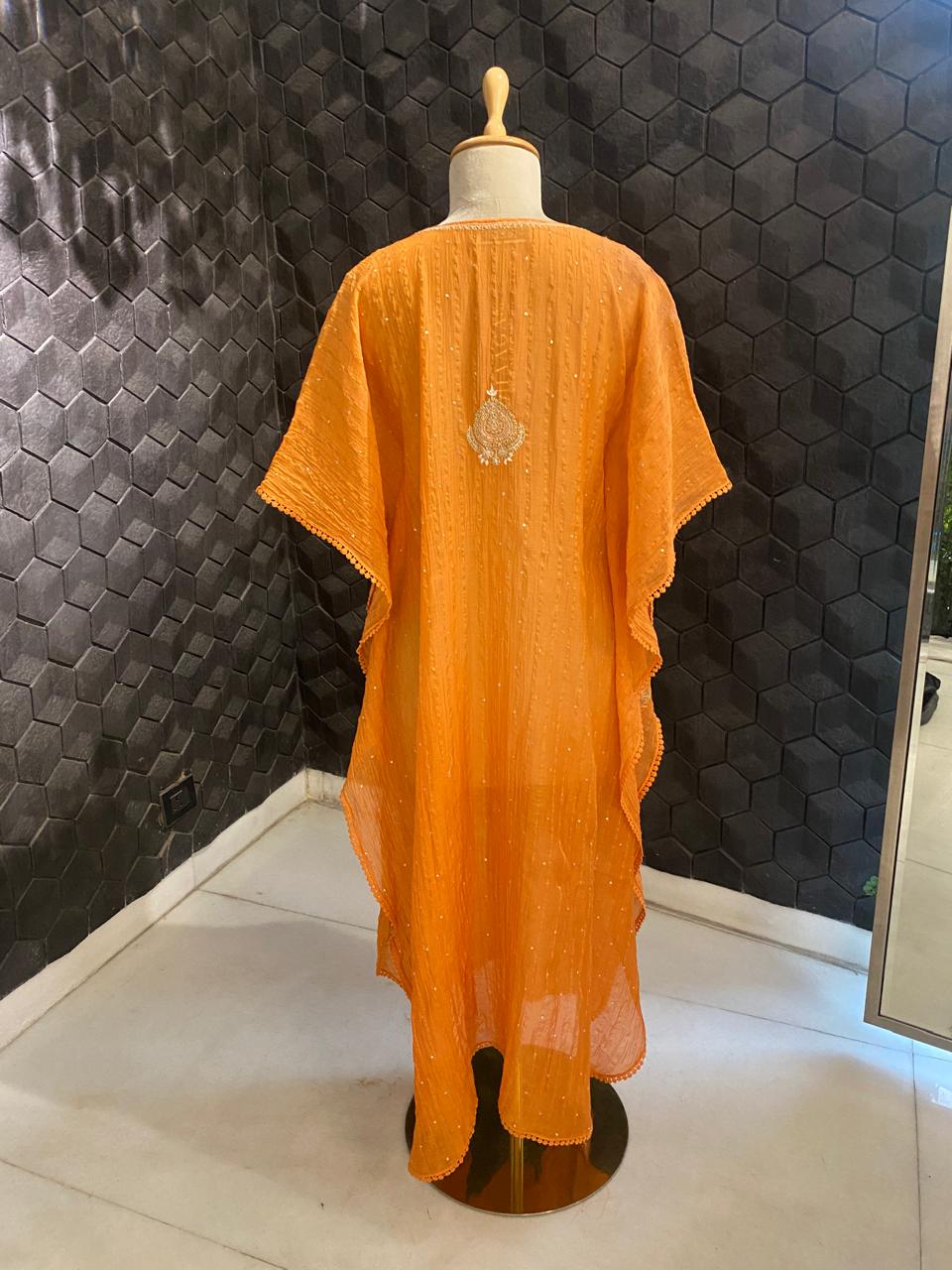 Orange Striped Mul chanderi Chikankari Kaftan