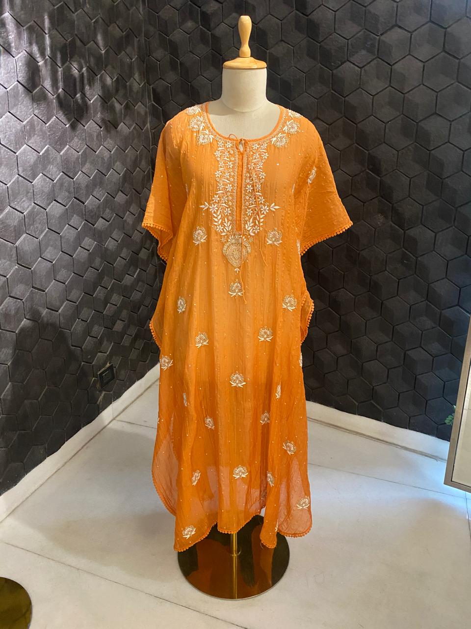 Orange Striped Mul chanderi Chikankari Kaftan