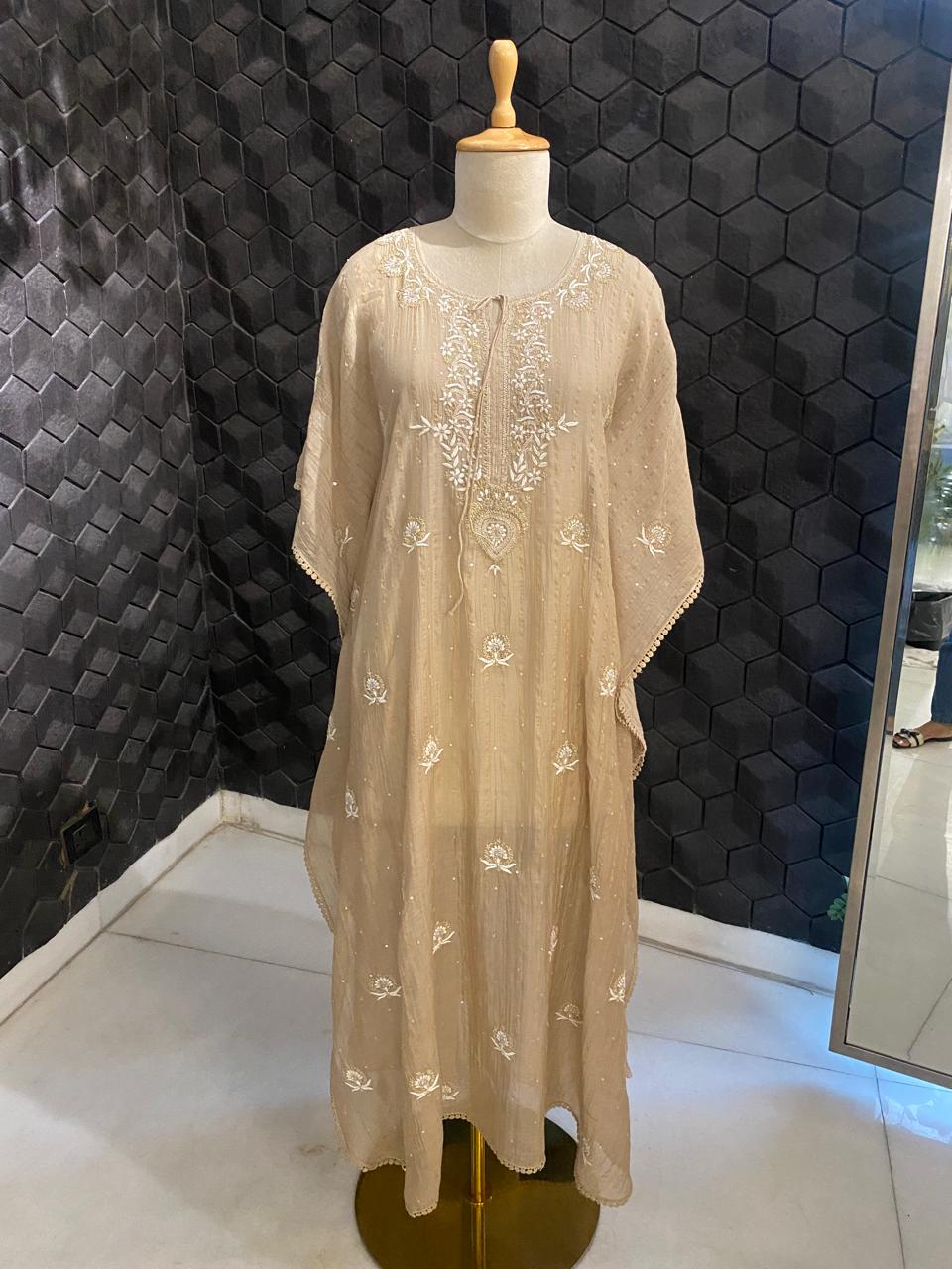 Brown Striped Mul Chanderi Chikankari Kaftan