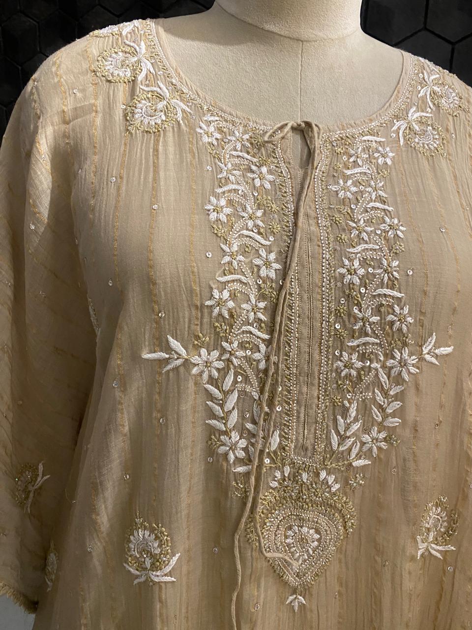 Brown Striped Mul Chanderi Chikankari Kaftan