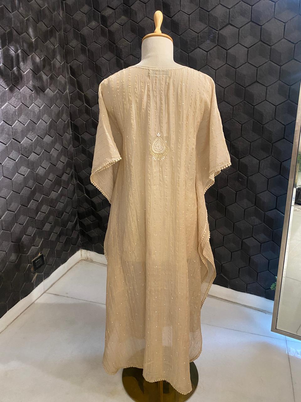 Brown Striped Mul Chanderi Chikankari Kaftan