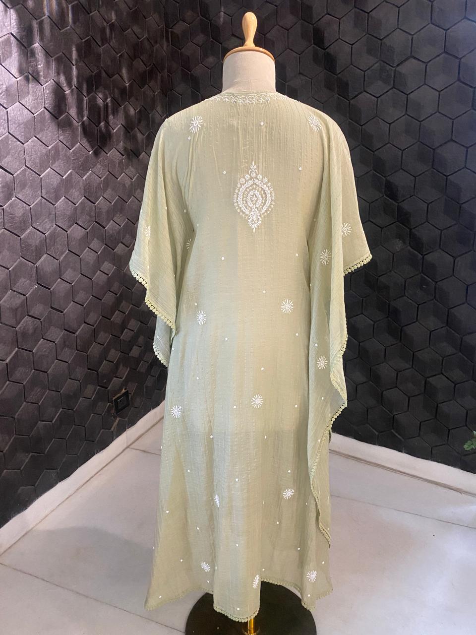 Sage Green Mul Chanderi chikankari kaftan