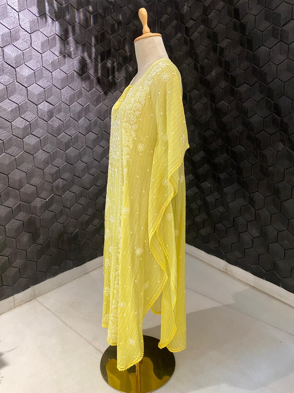 Yellow Mul Chanderi Chikankari Kaftan