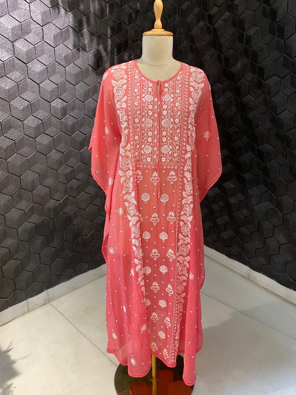 Coral Pink Mul Chanderi Chikankari kaftan