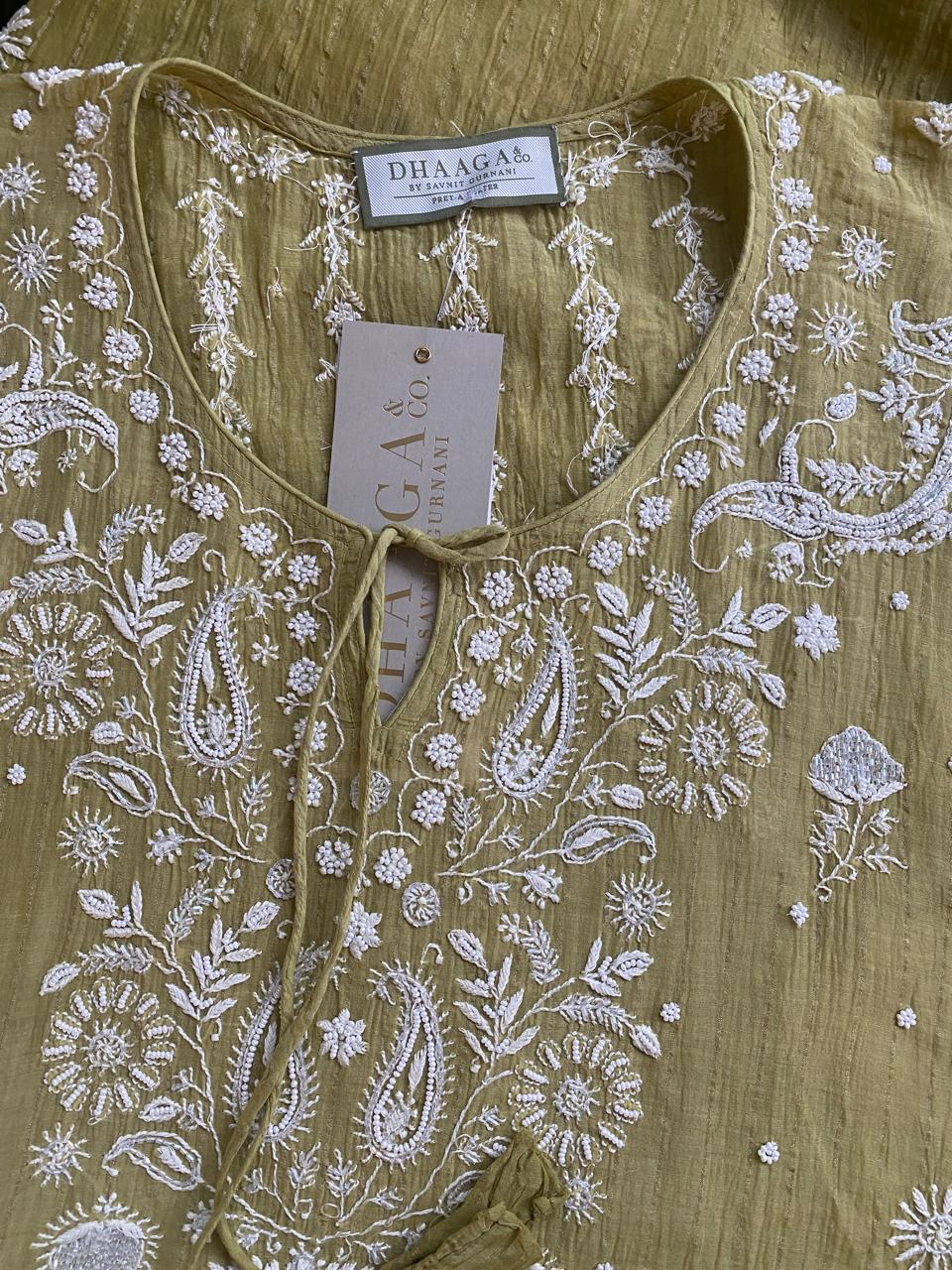 Green Mul Chanderi Chikankari Kaftan