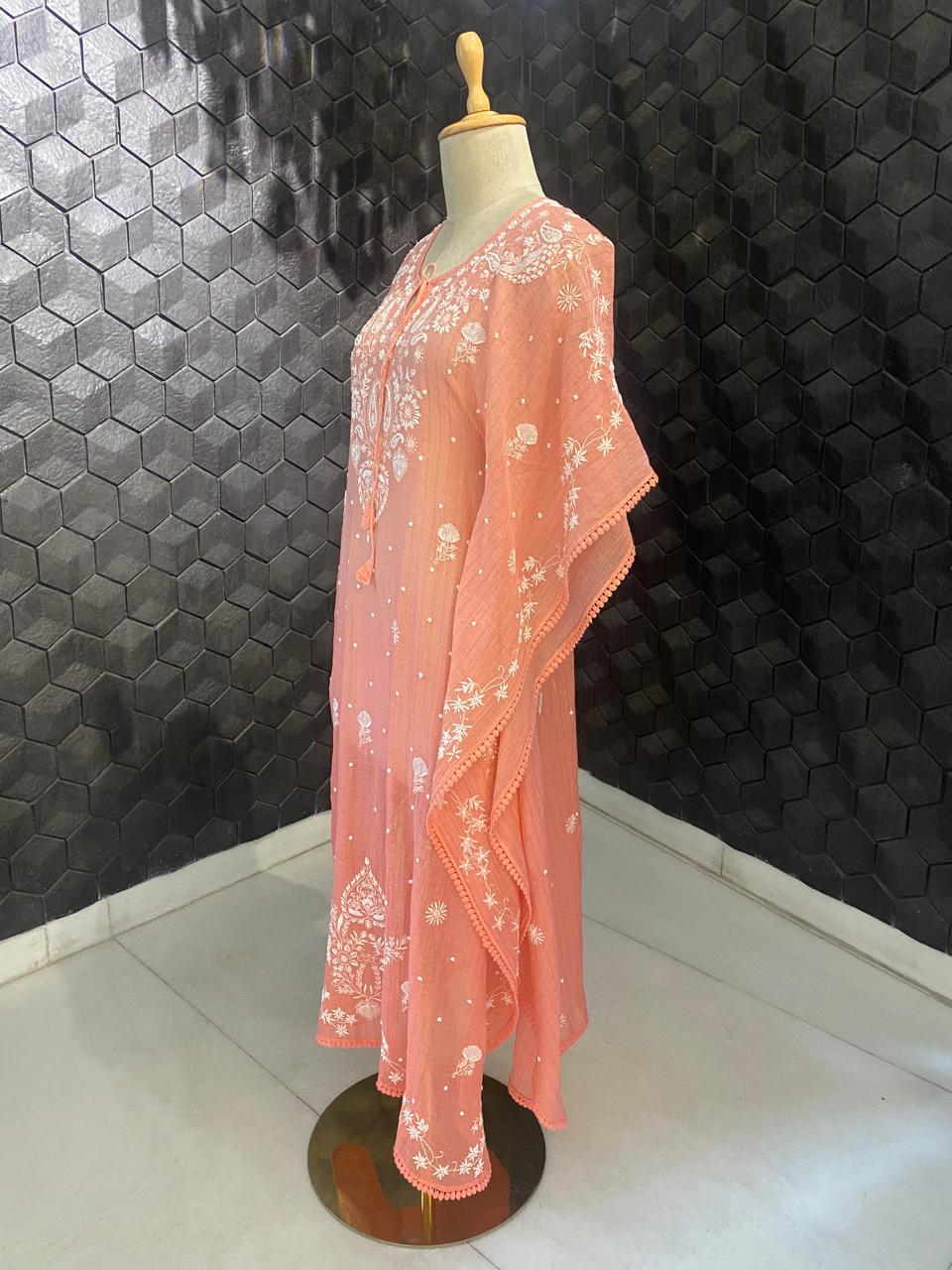 Pink Mul Chanderi Chikankari Kaftan