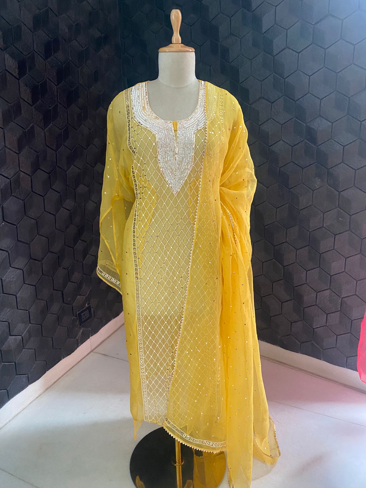 Yellow Organza Mukaish Kurta Set
