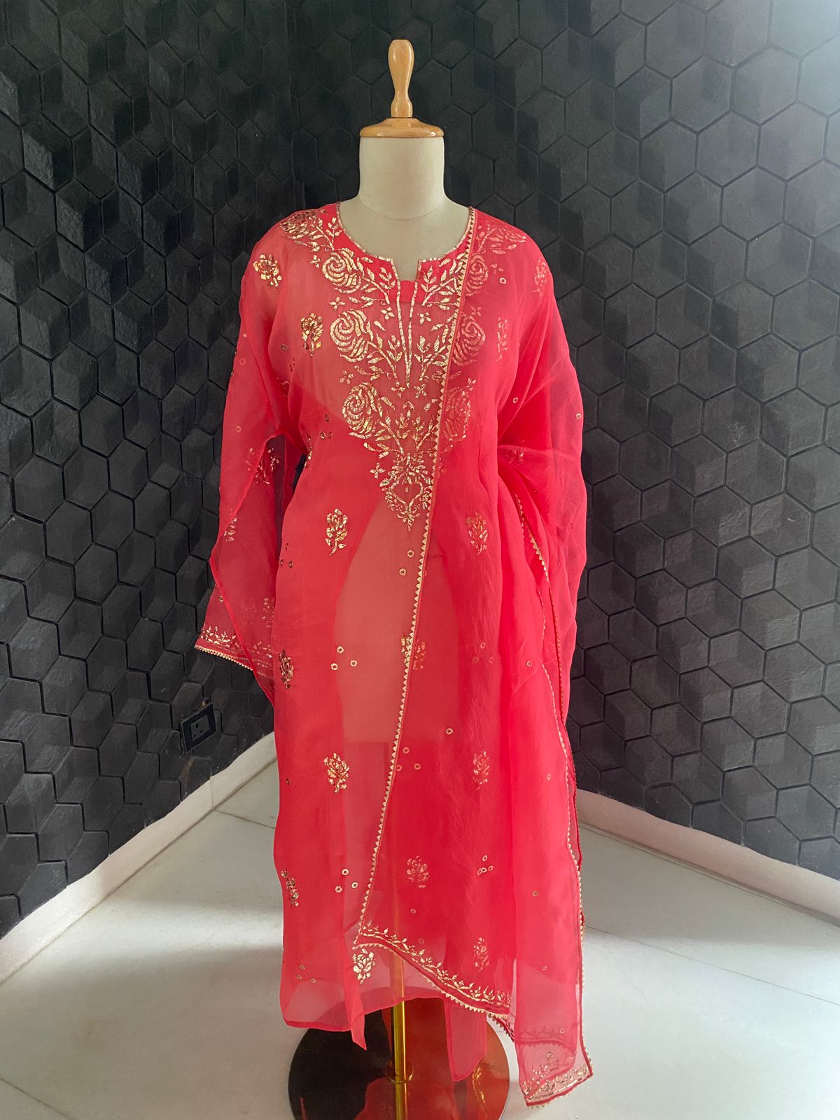 Coral Pink Mukaish Organza Kurta Set