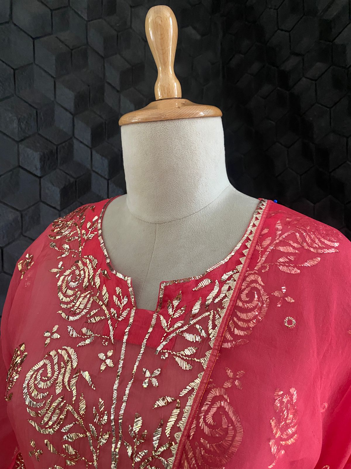 Coral Pink Mukaish Organza Kurta Set