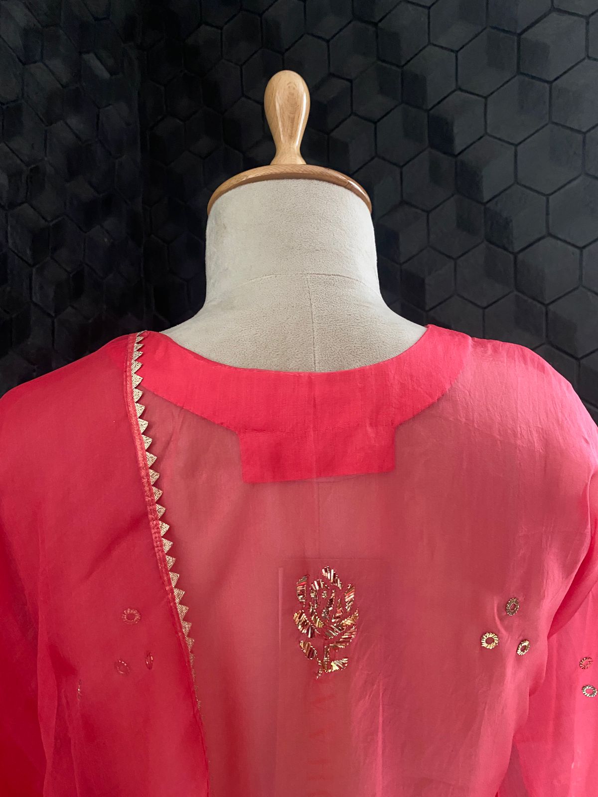 Coral Pink Mukaish Organza Kurta Set