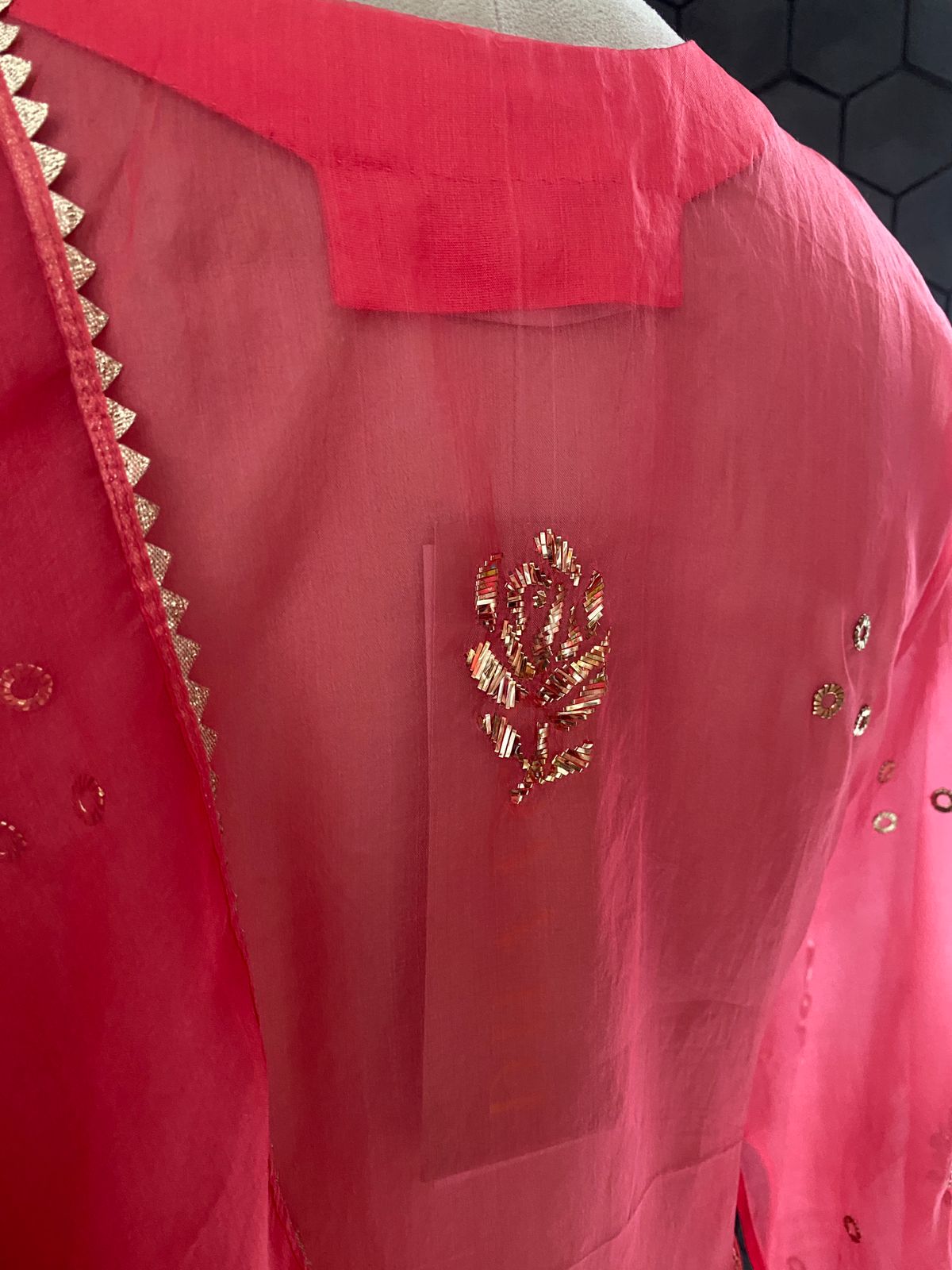 Coral Pink Mukaish Organza Kurta Set