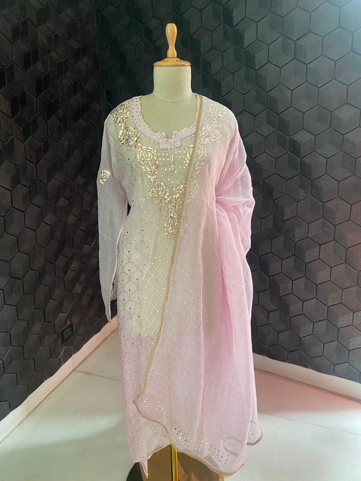 Blush Pink Organza Mukaish Kurta Set