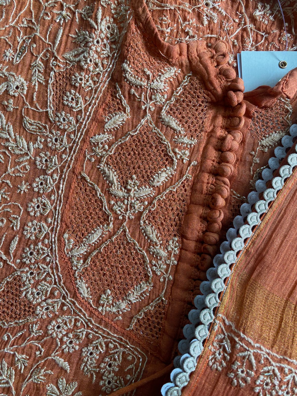 Orange Tissue Chikankari Anarkali Set