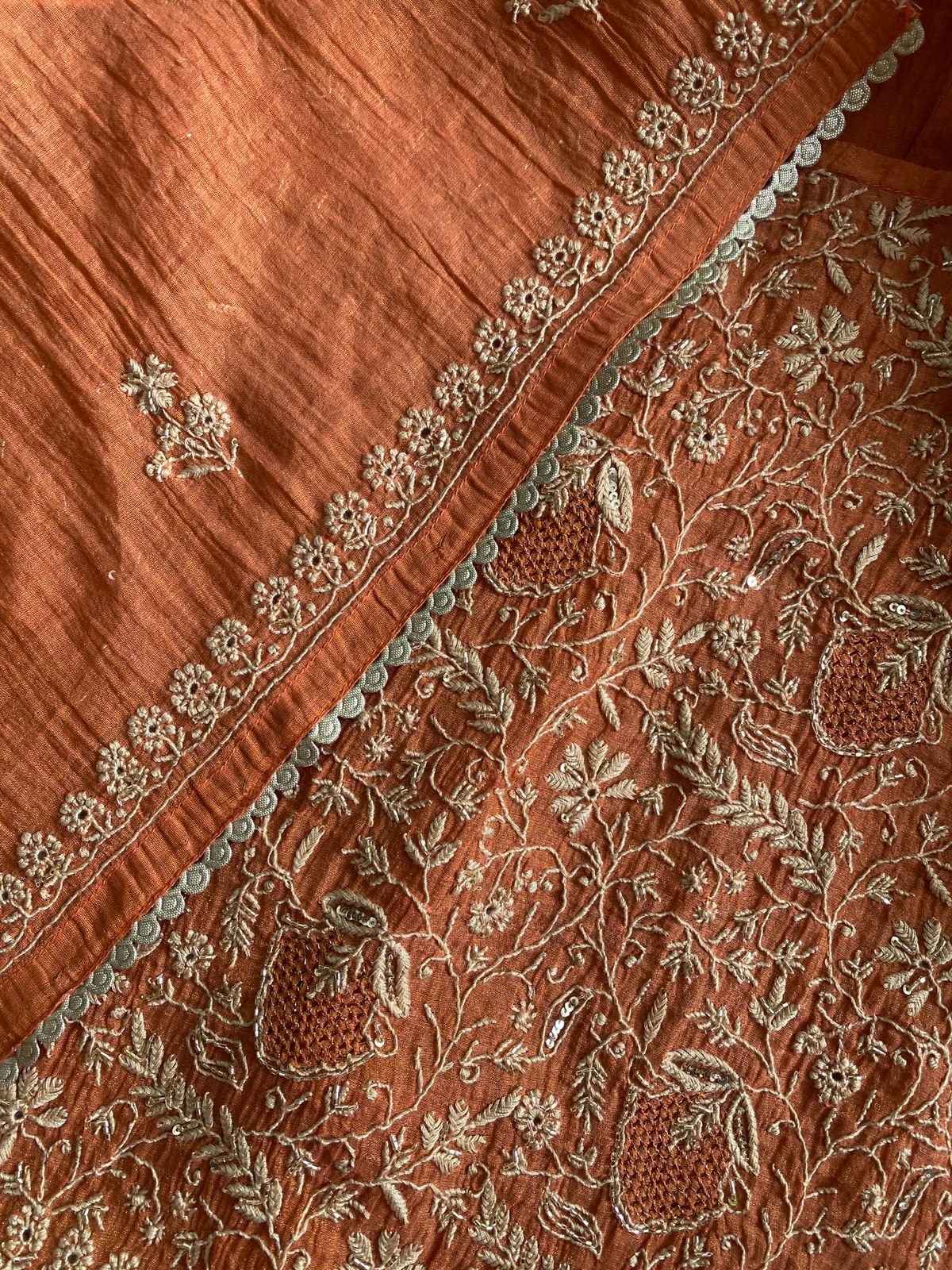 Orange Tissue Chikankari Anarkali Set
