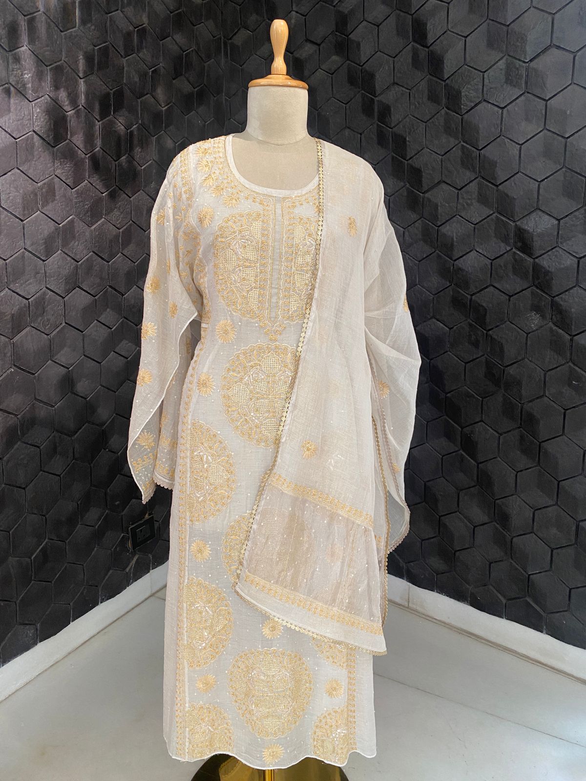 Ivory Gold Chikankari Georgette Kurta Set