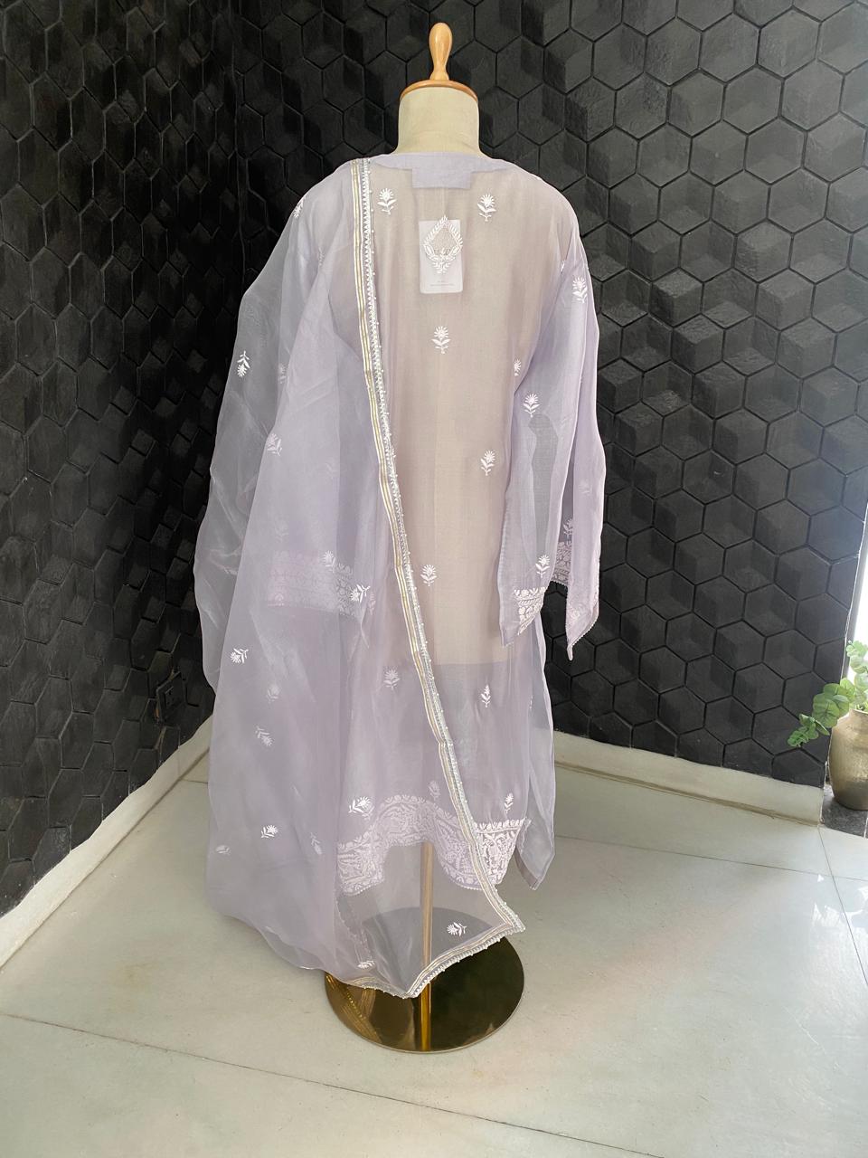 Ash Blue Organza Chikankari suit