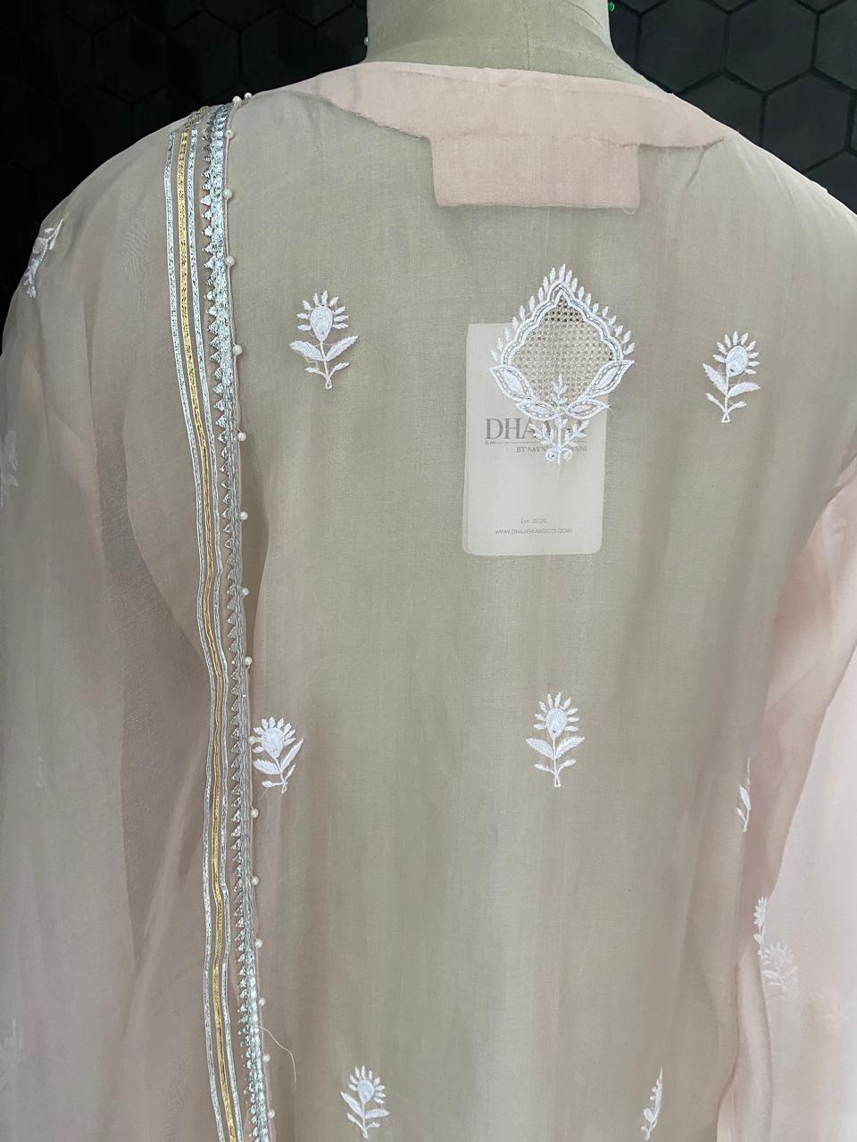 Peach Organza Chikankari kurta Set