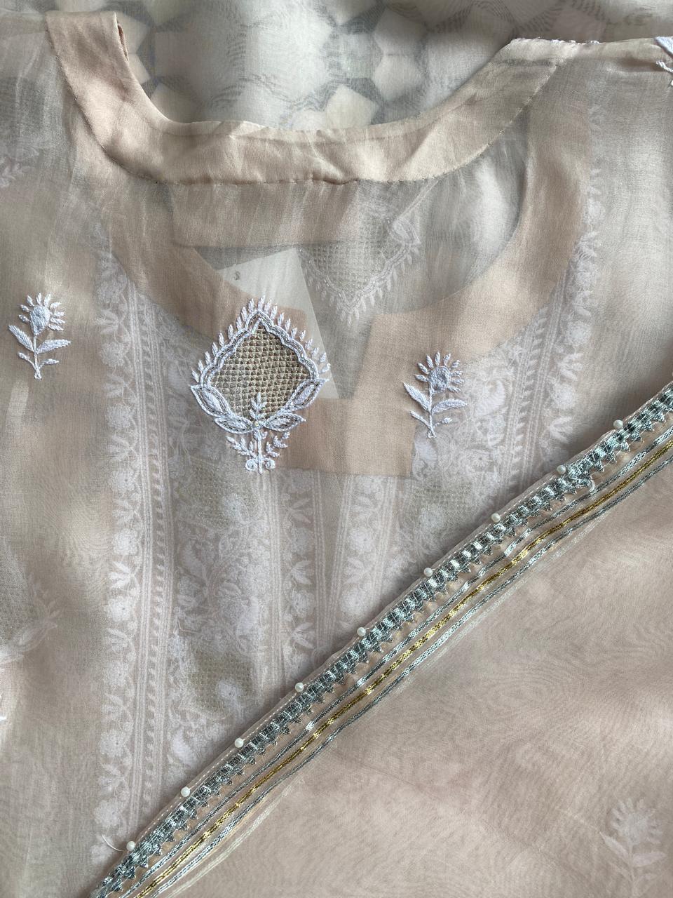 Peach Organza Chikankari kurta Set