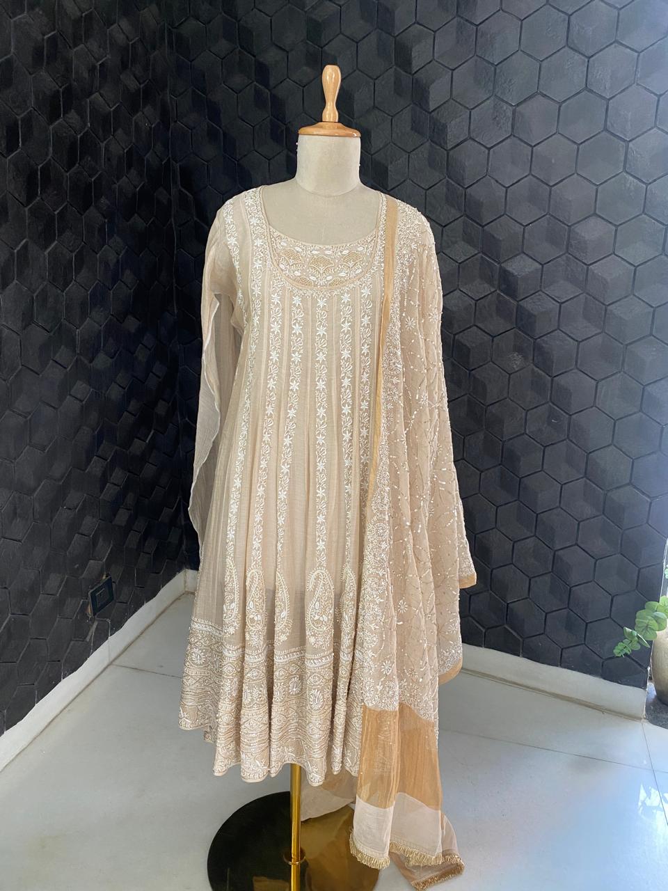 Ivory Golden Tissue Chikankari Anarkali Suit