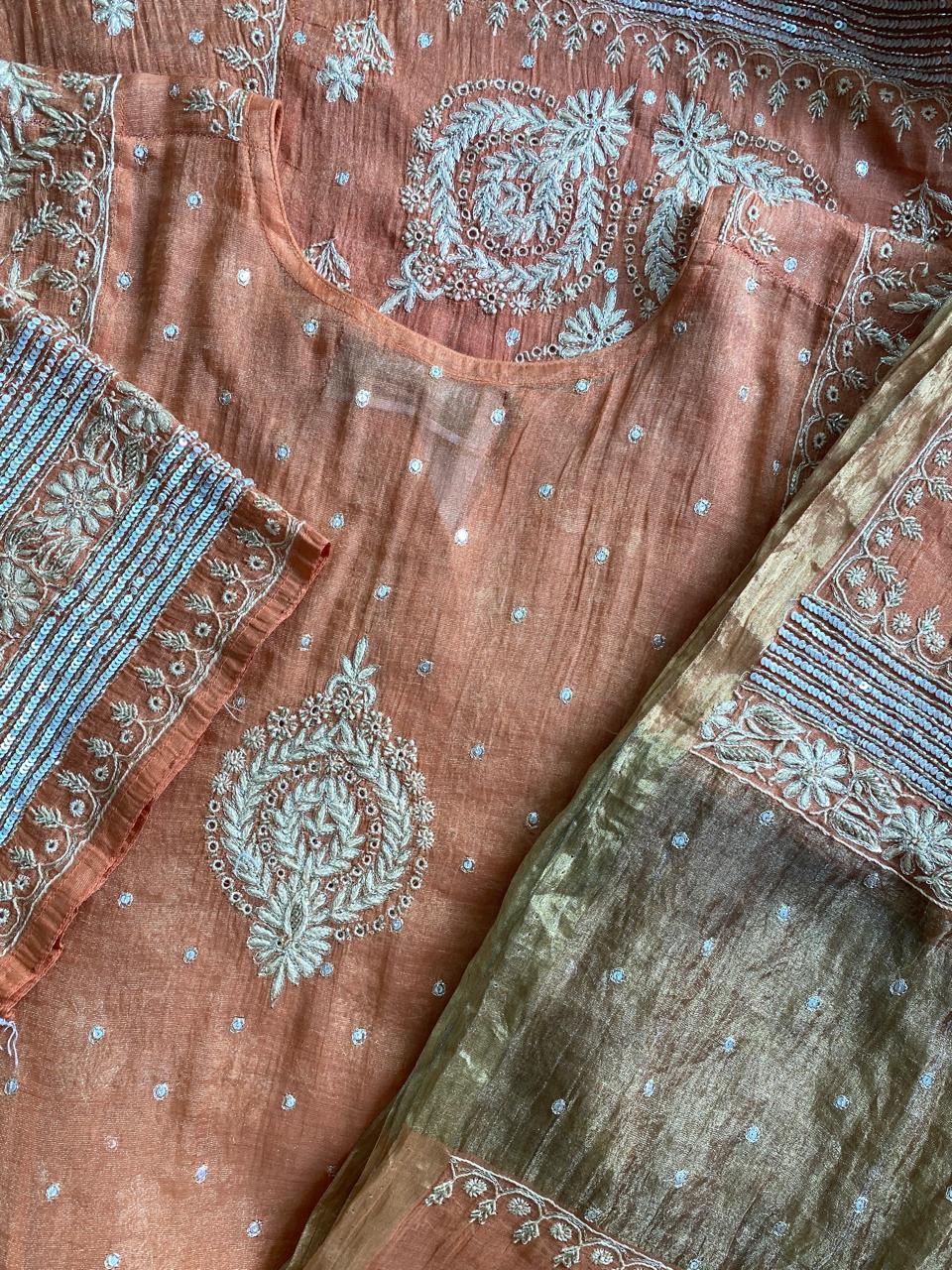 Orange Golden Tissue Chikankari Anarkali set