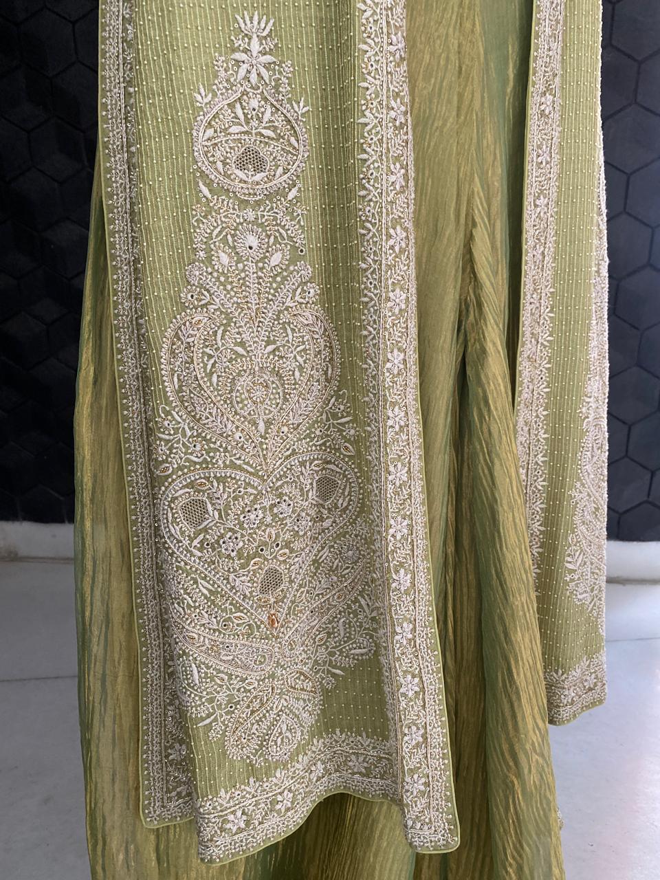 Pista Green Tissue Embroidered Long Jacket Indo-Western Set