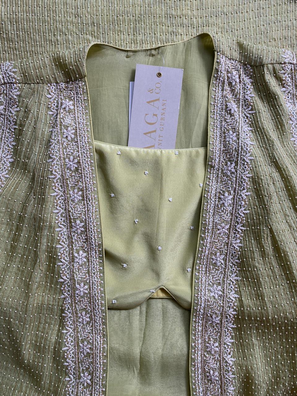 Pista Green Tissue Embroidered Long Jacket Indo-Western Set