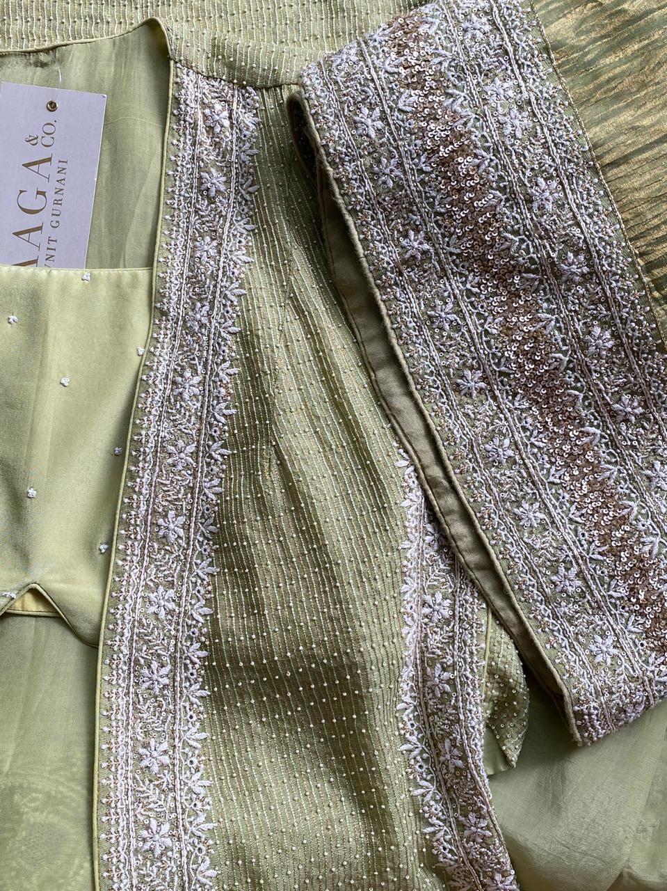 Pista Green Tissue Embroidered Long Jacket Indo-Western Set