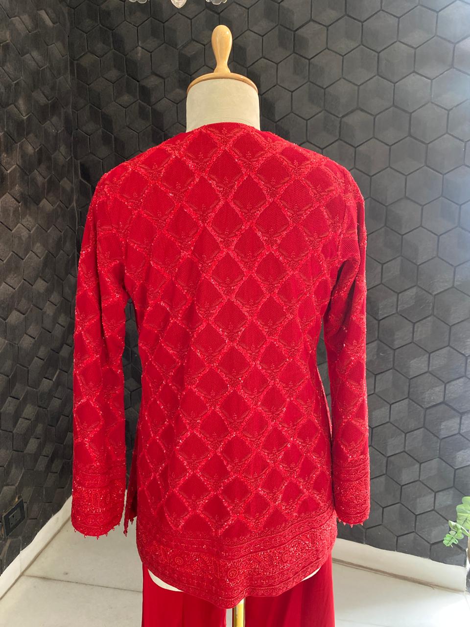 Red georgette Chikankari gilet-set