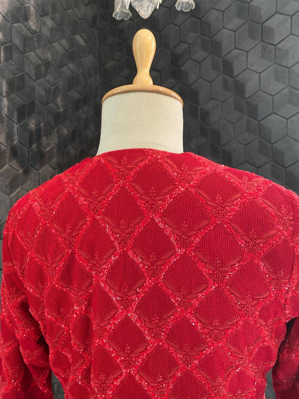 Red georgette Chikankari gilet-set