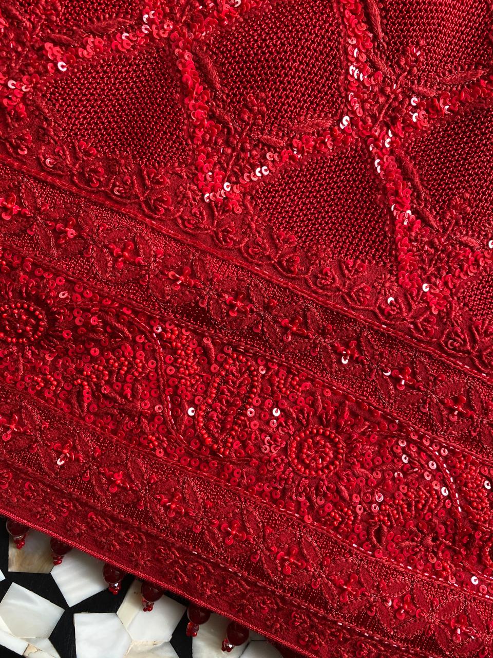 Red georgette Chikankari gilet-set