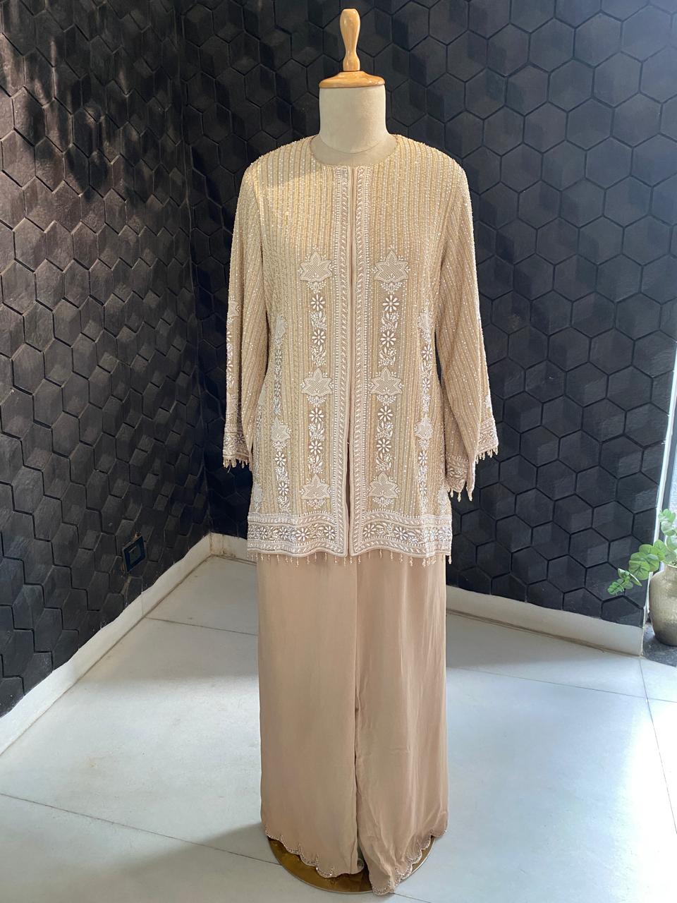 Beige Georgette Embroidered Gilet Set