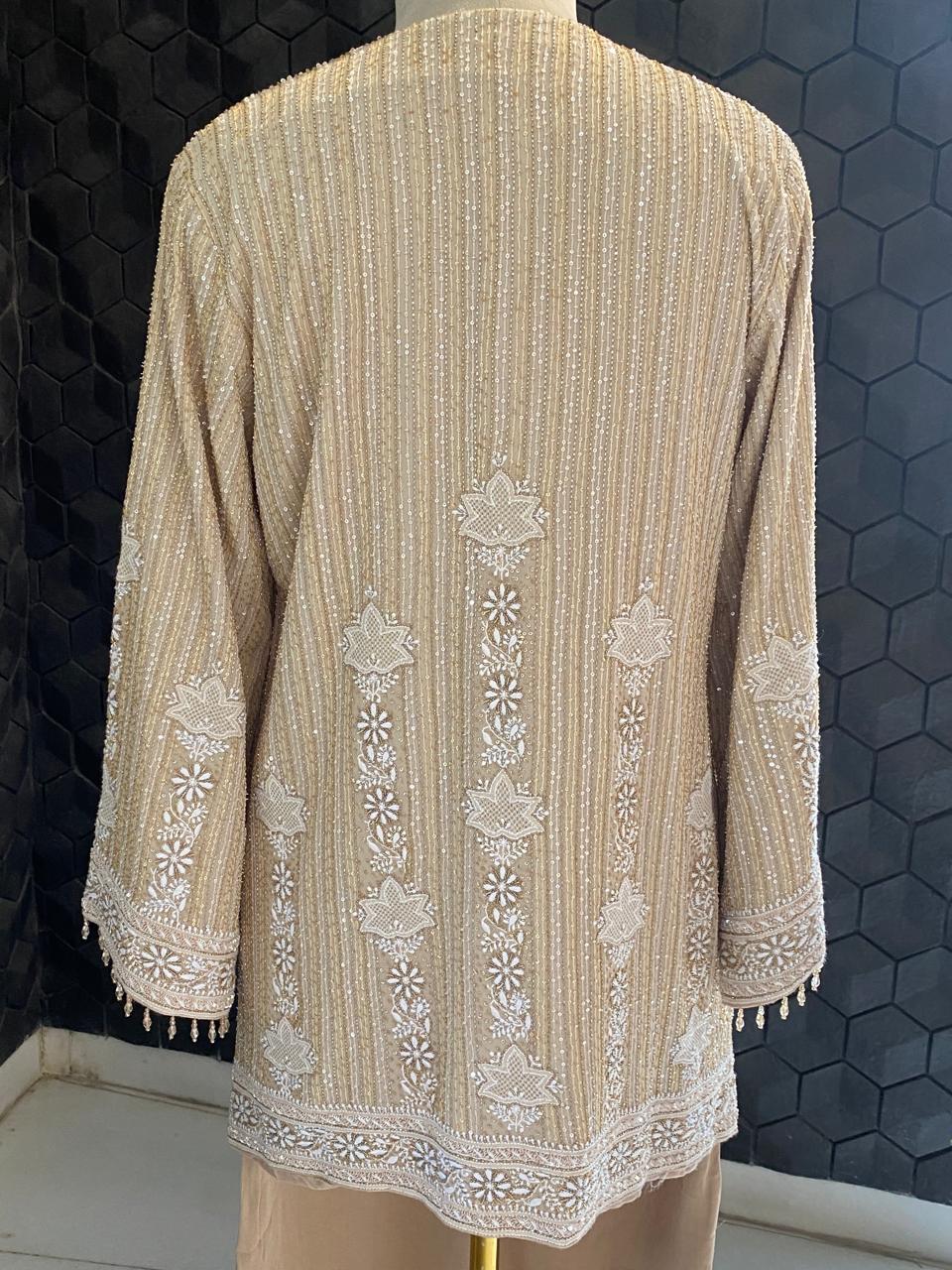 Beige Georgette Embroidered Gilet Set