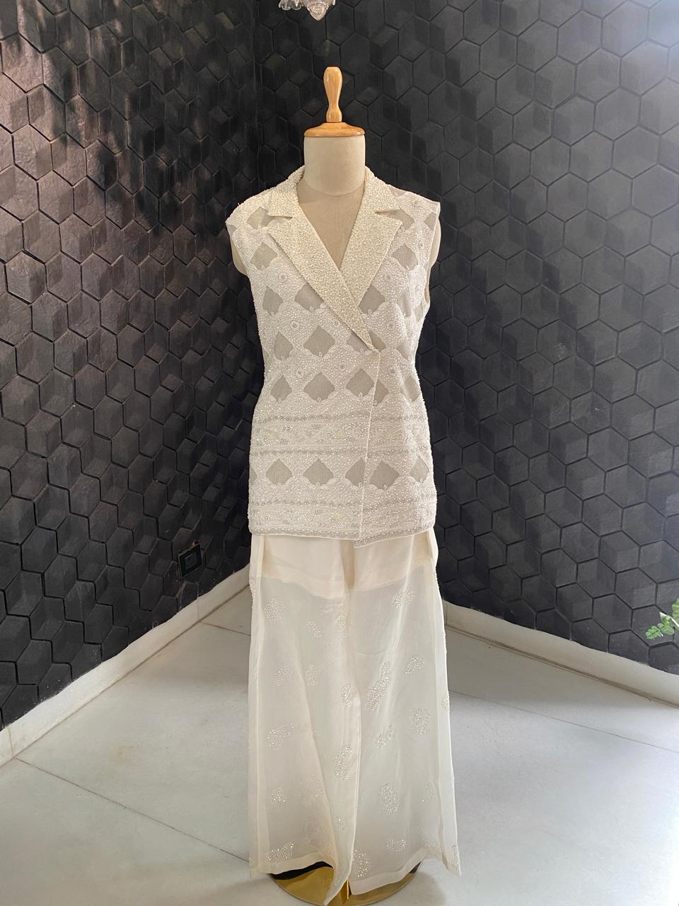 White Sequin Georgette Blazer Set