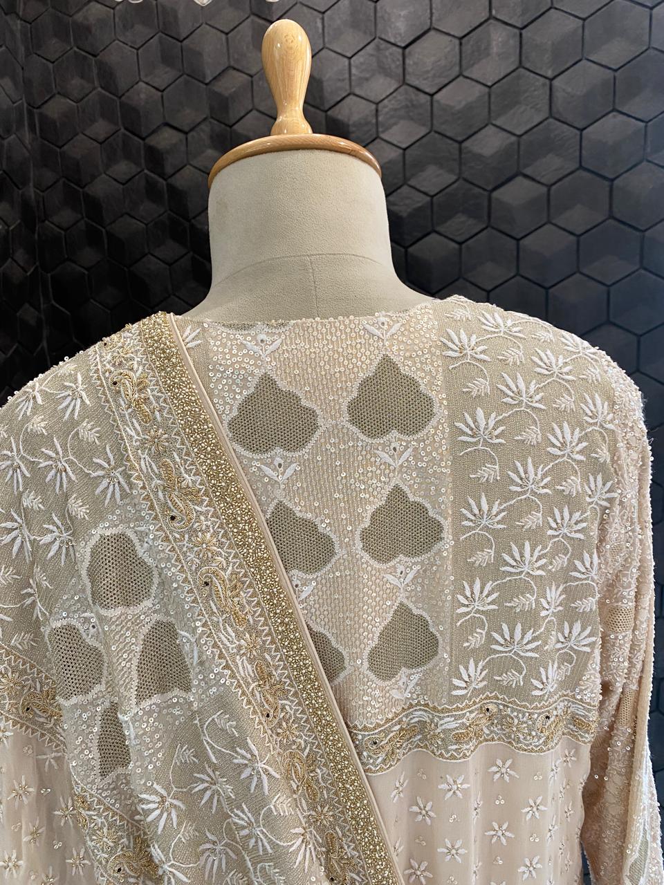 Gold & White Chikankari Embroidered Georgette Kurta Set with Heavy Dupatta