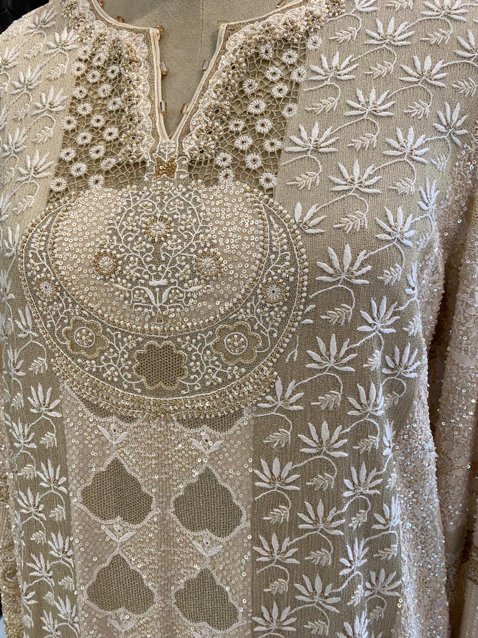 Gold & White Chikankari Embroidered Georgette Kurta Set with Heavy Dupatta
