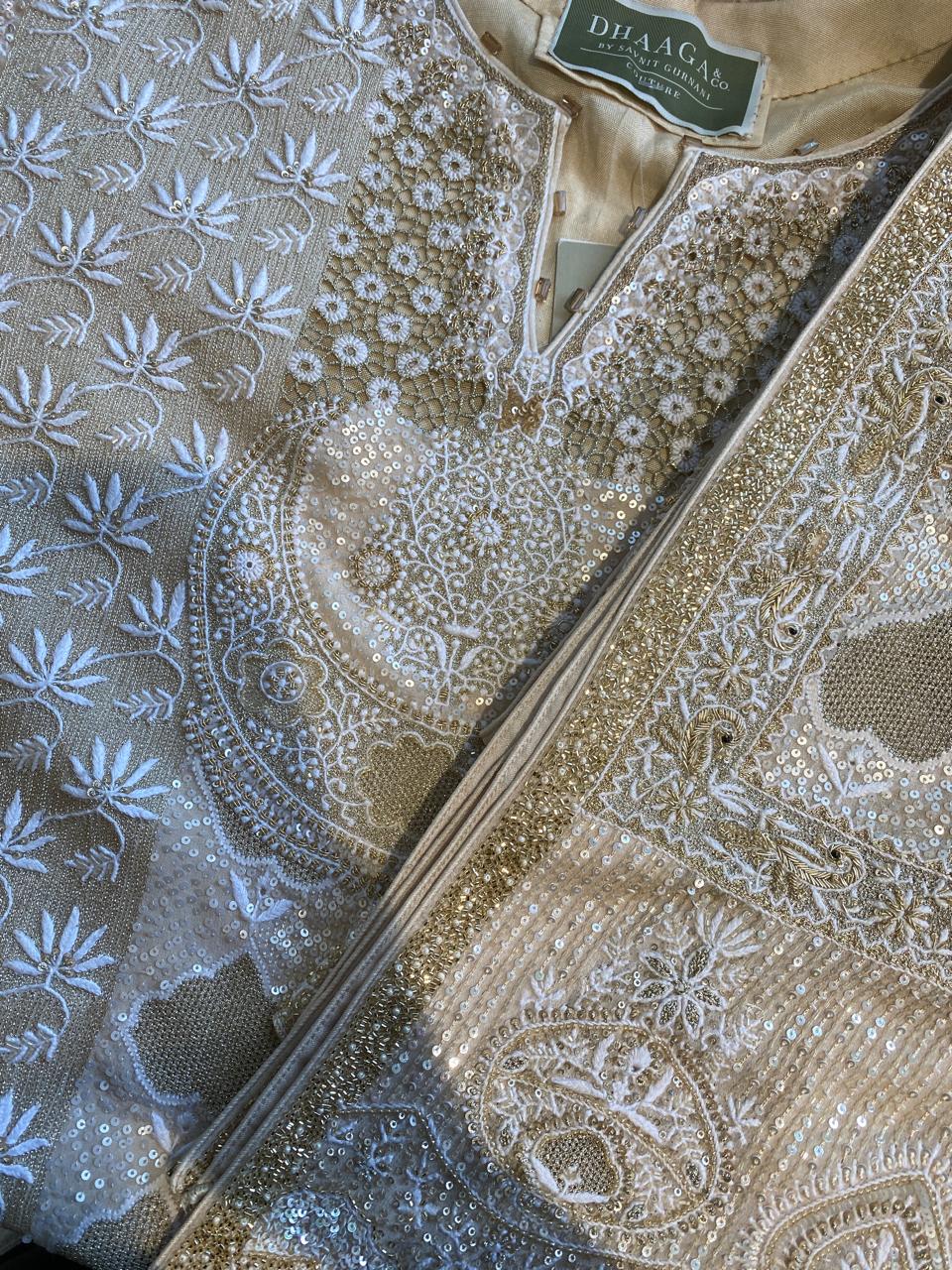 Gold & White Chikankari Embroidered Georgette Kurta Set with Heavy Dupatta