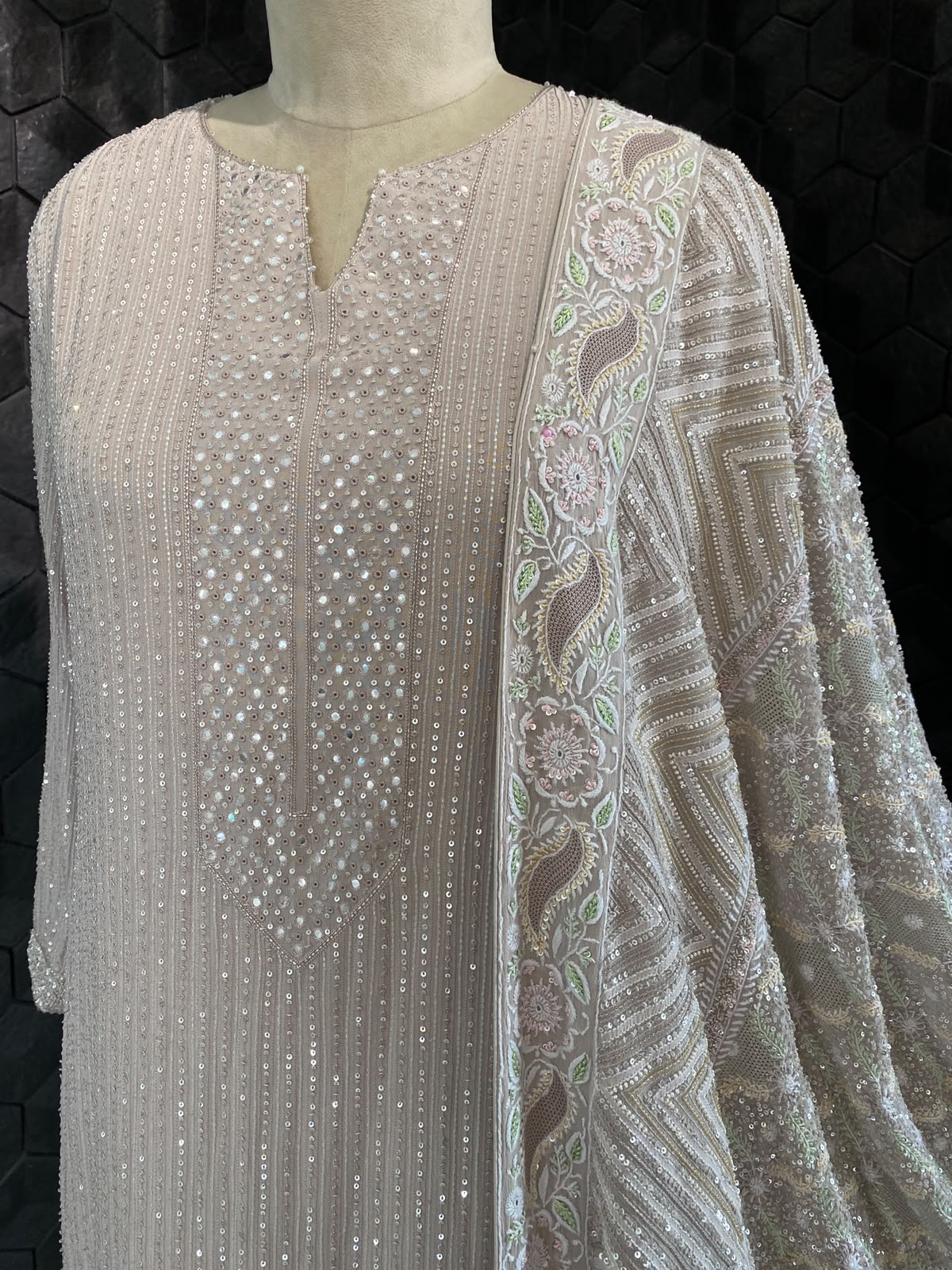 Grey Georgette Kurta with Multi-Coloured Heavy Dupatta Set