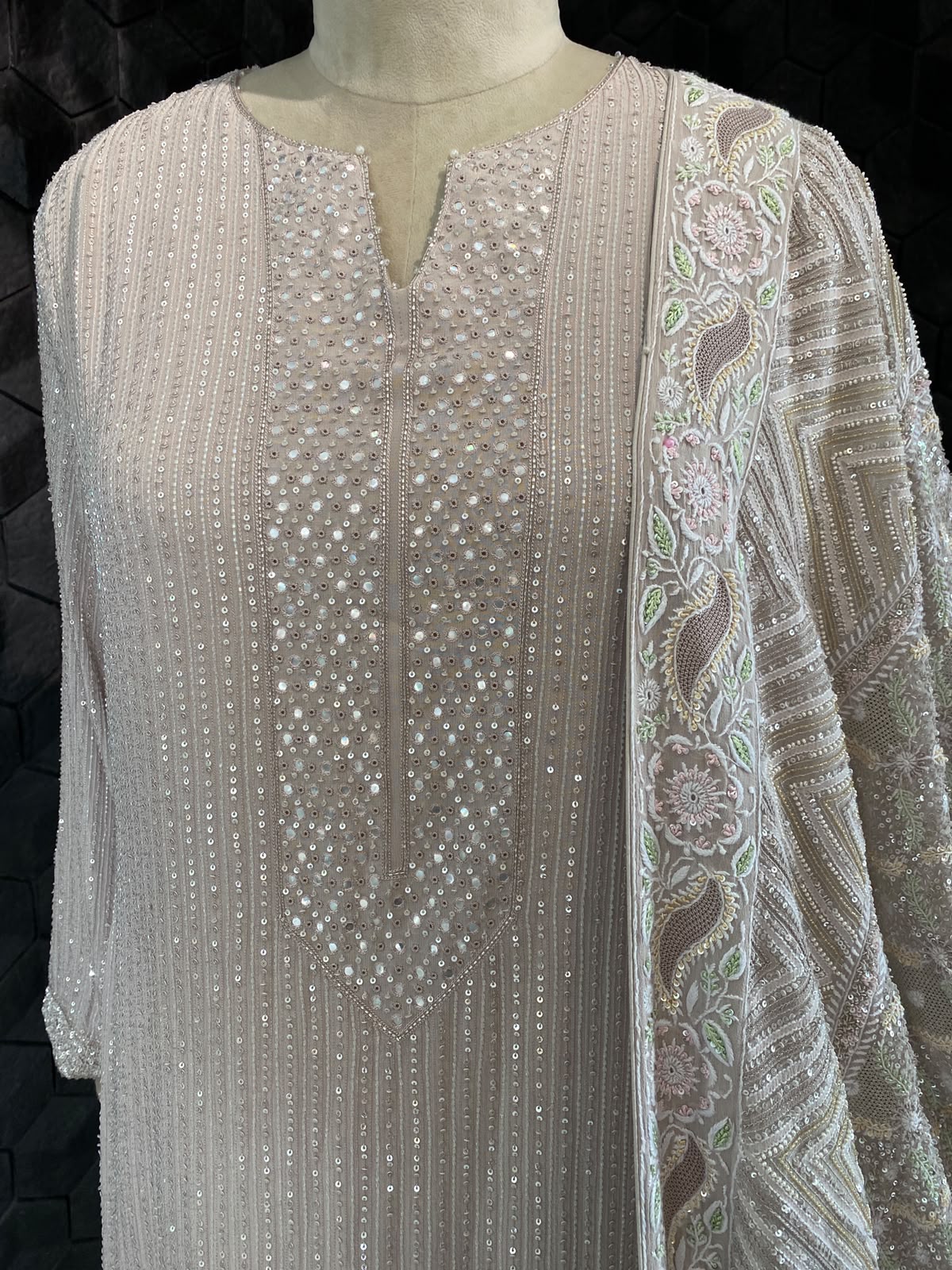 Grey Georgette Kurta with Multi-Coloured Heavy Dupatta Set