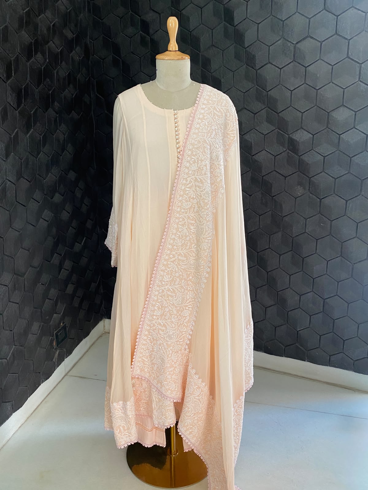Peach Georgette Anarkali Set with Embroidered Dupatta
