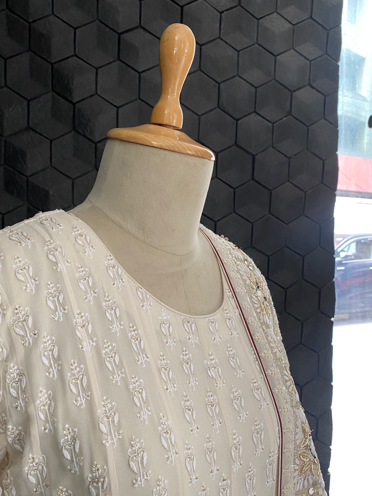 Cream Embroidered Georgette Anarkali Set with Floral Dupatta