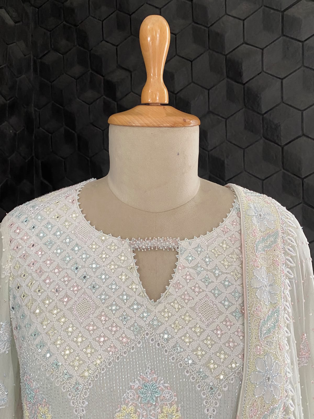 Pastel Blue Embroidered Georgette Lehenga Set with Embellished Dupatta