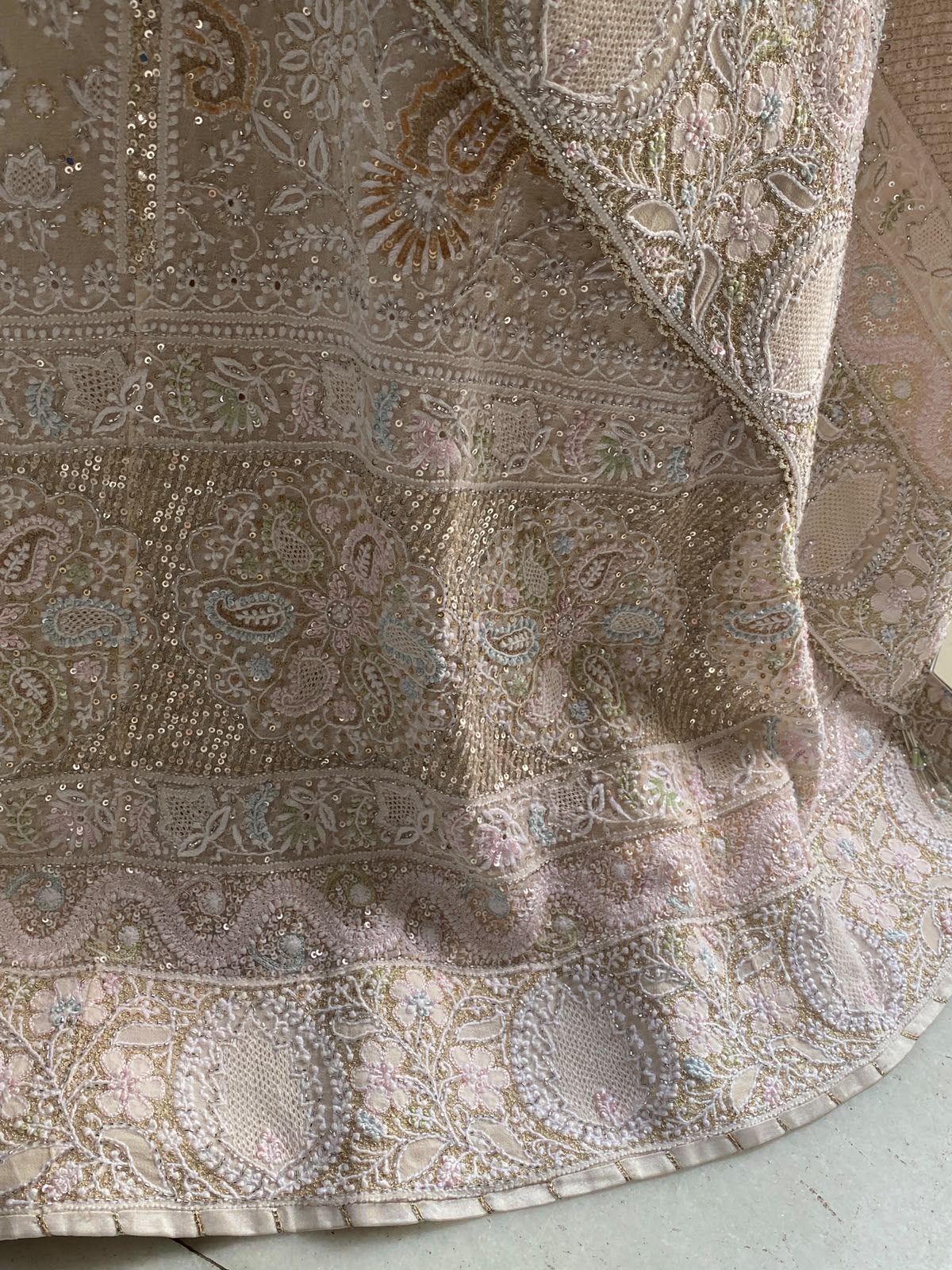 Ivory Pastel Hand-Embroidered Georgette Lehenga Set