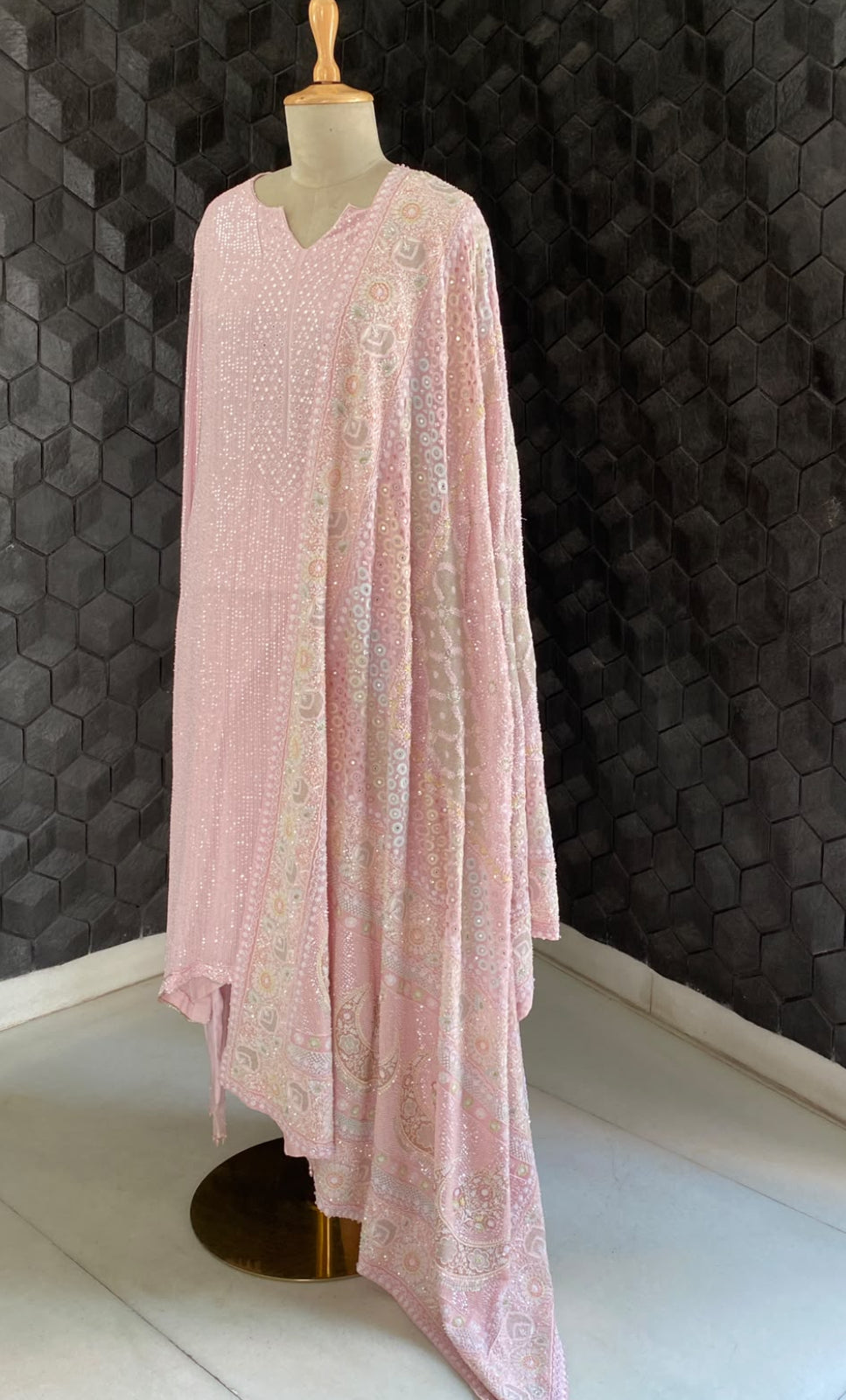 Pink Georgette Kurta with Multi-Coloured Heavy Dupatta Set