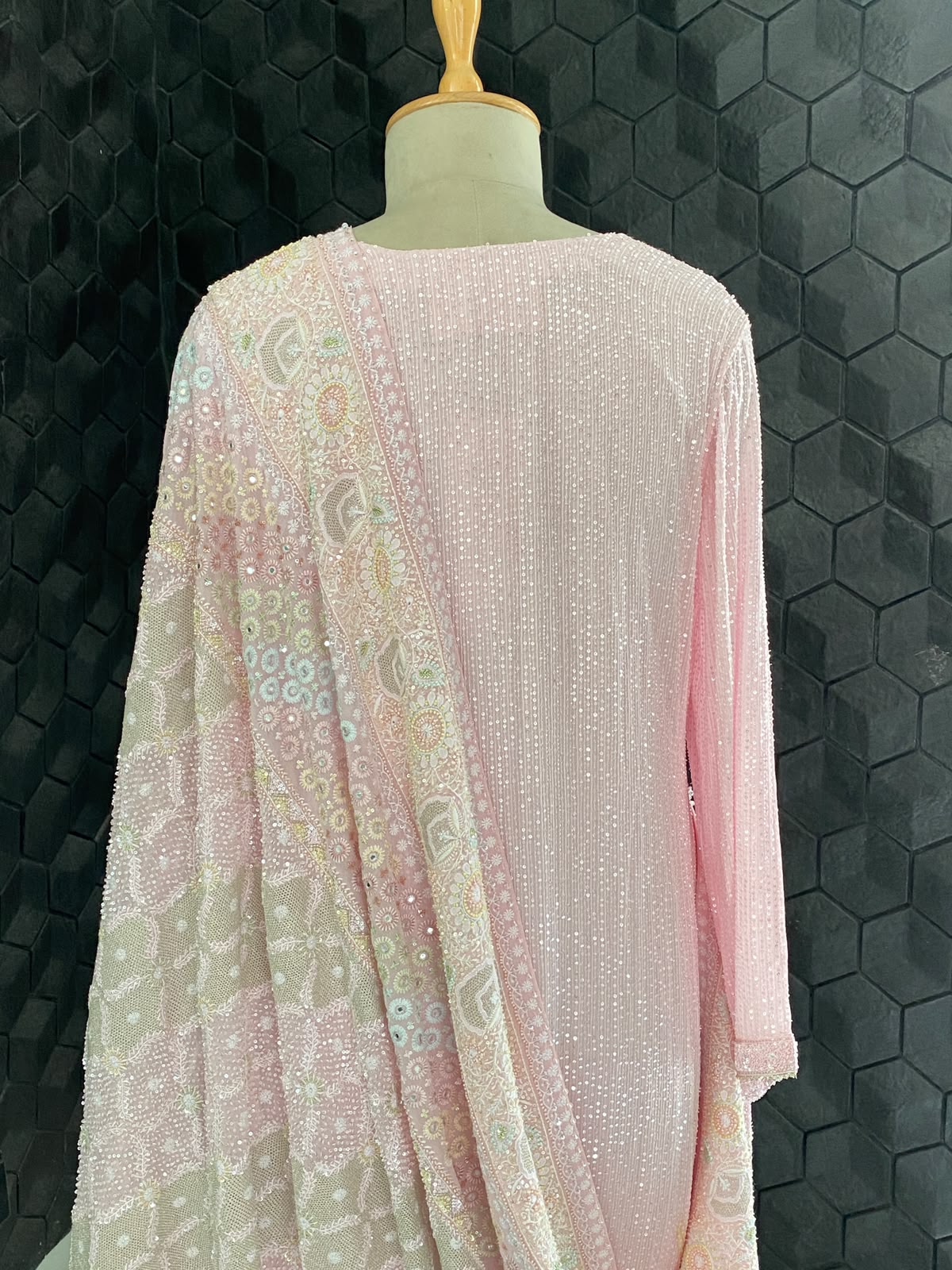 Pink Georgette Kurta with Multi-Coloured Heavy Dupatta Set