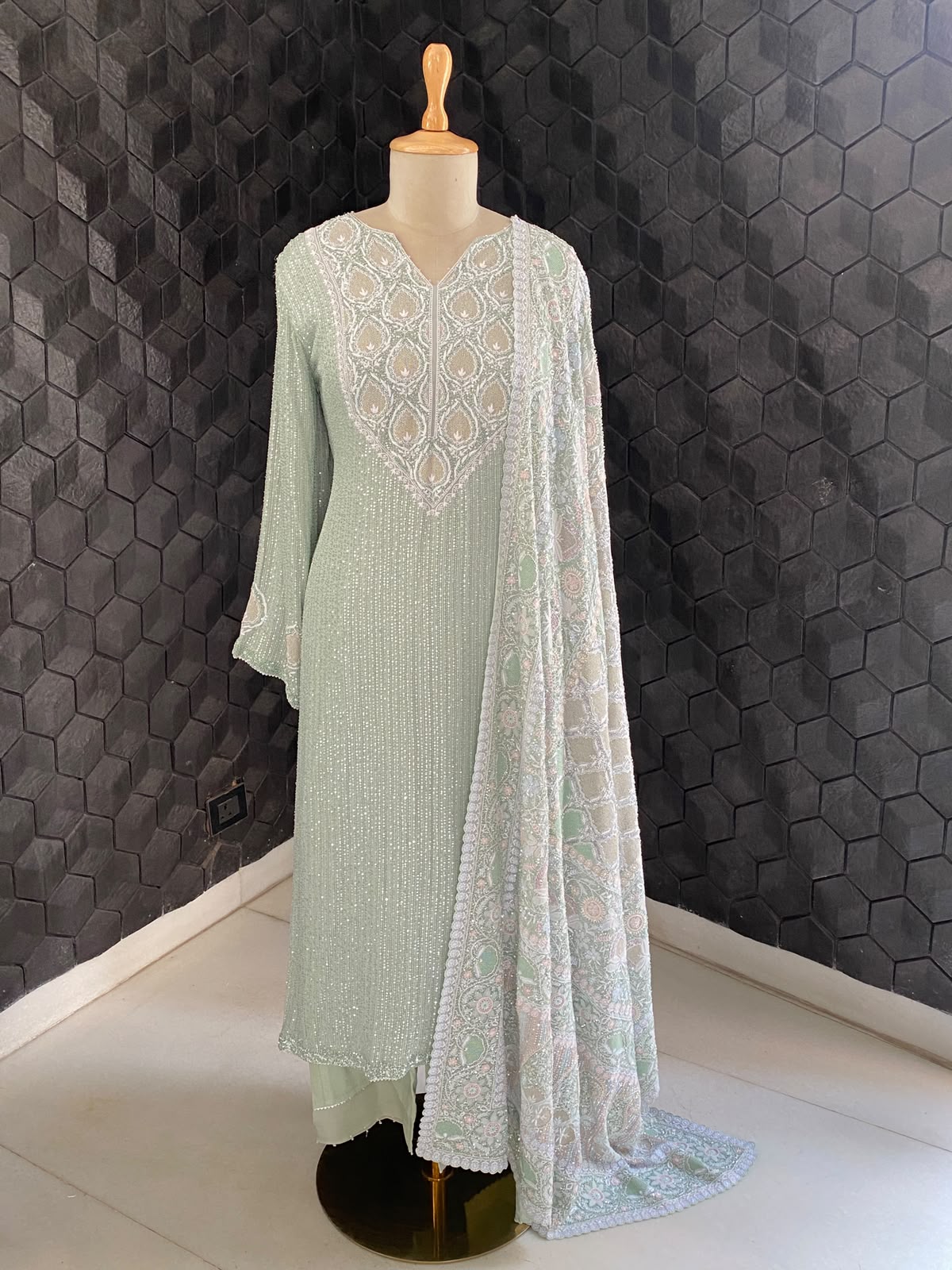Grey Georgette Kurta with Multi-Coloured Heavy Dupatta Set