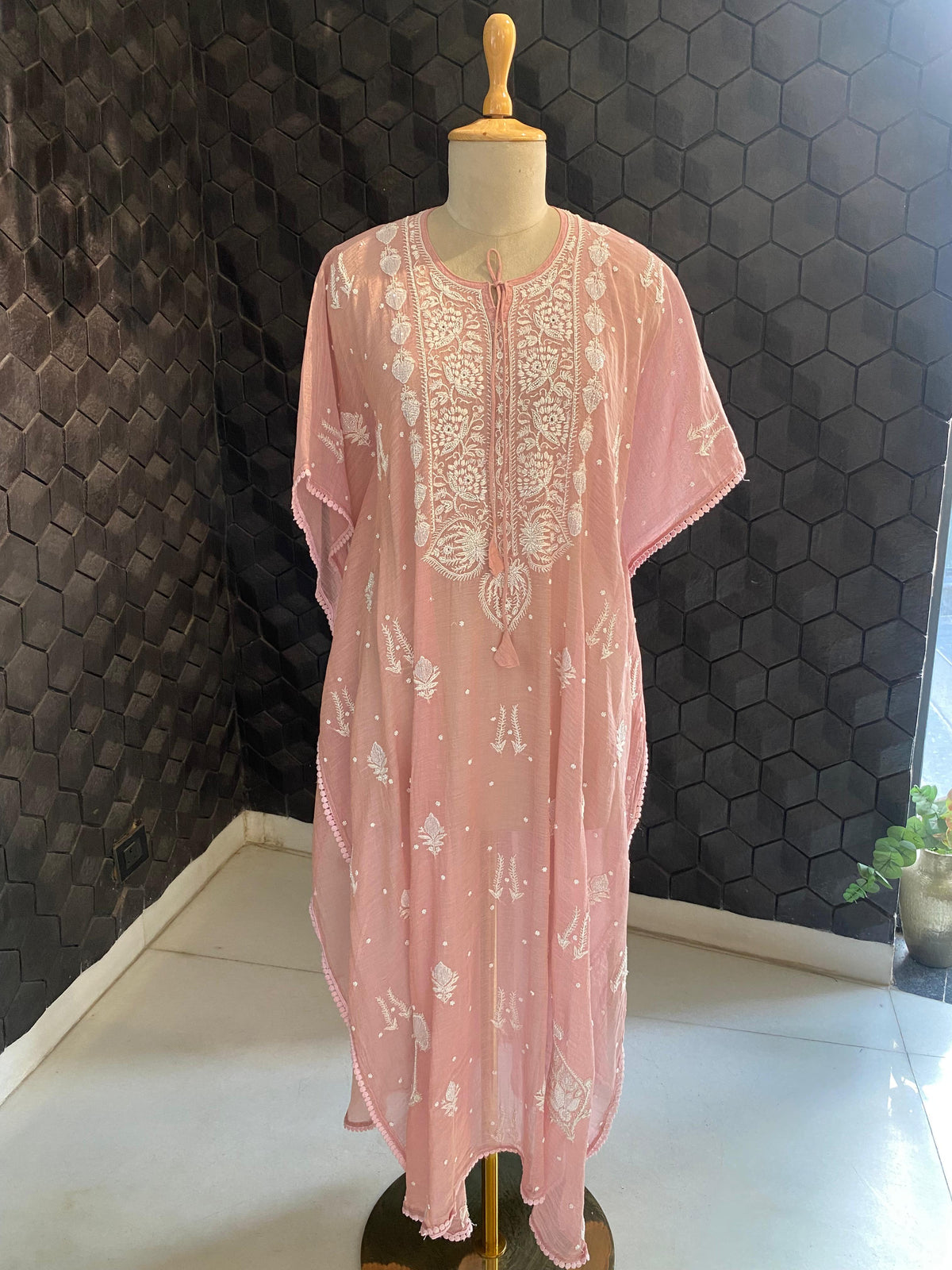 Pink Mul Chanderi Chikankari Kaftan