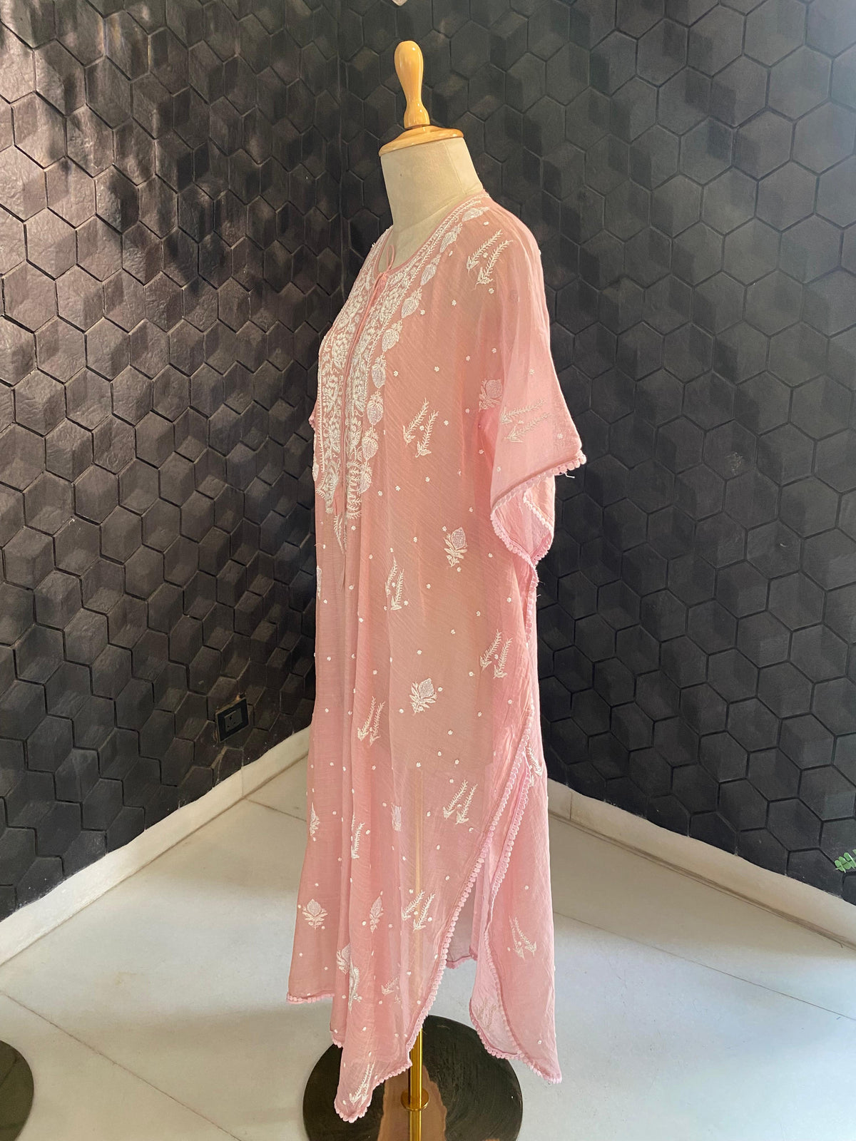 Pink Mul Chanderi Chikankari Kaftan