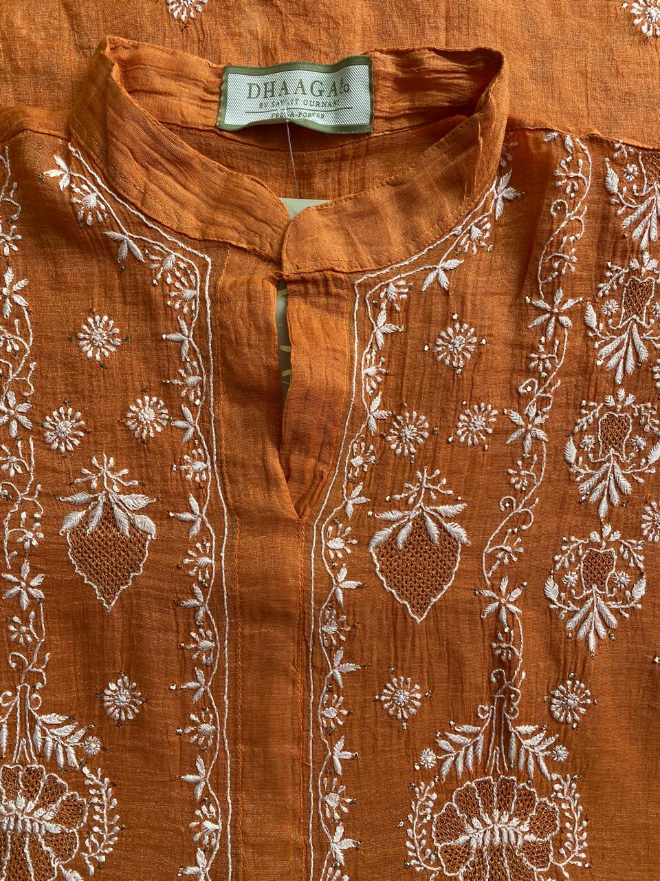 Orange Golden Tissue Chikankari Co- ord Set