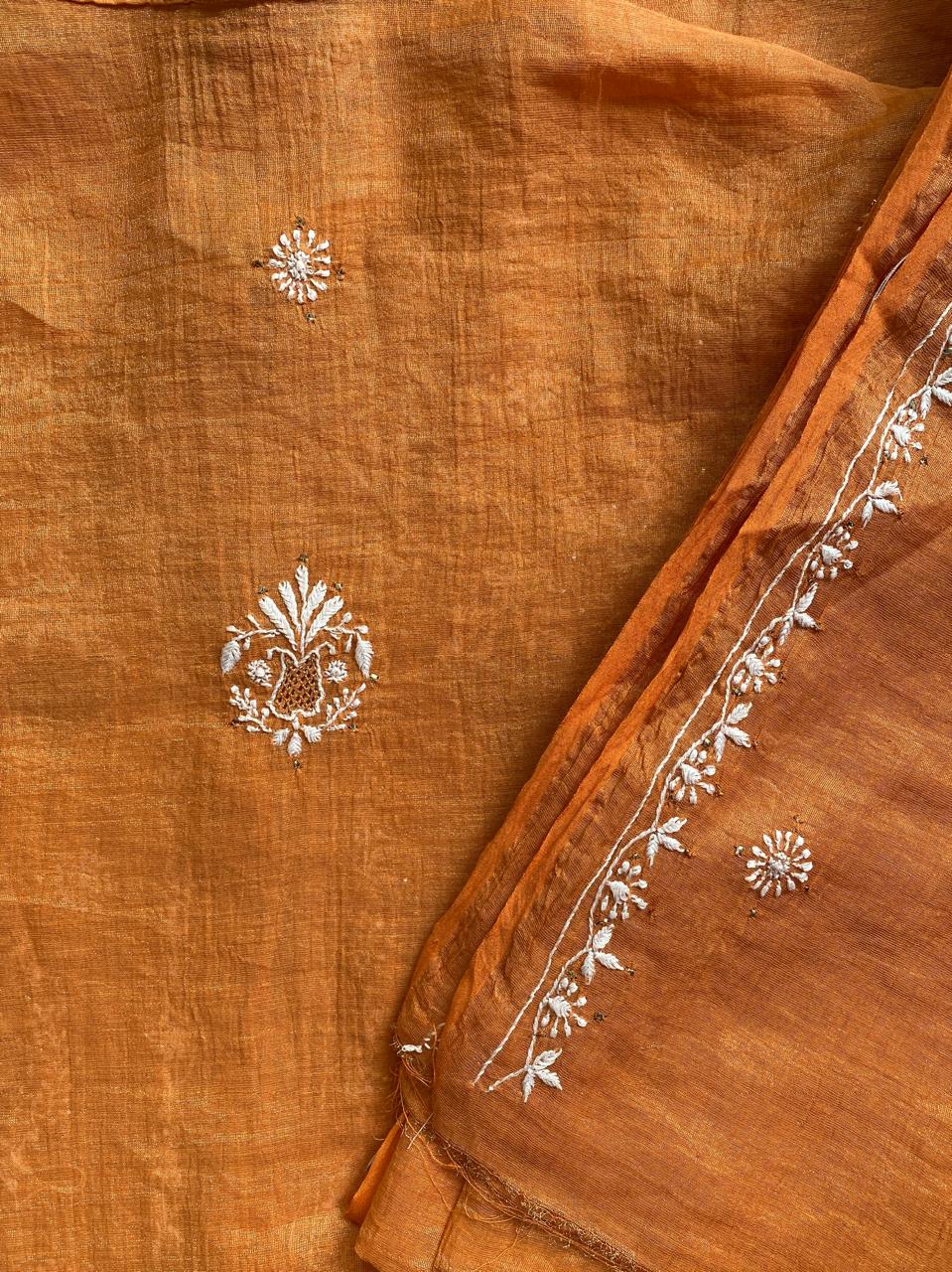 Orange Golden Tissue Chikankari Co- ord Set